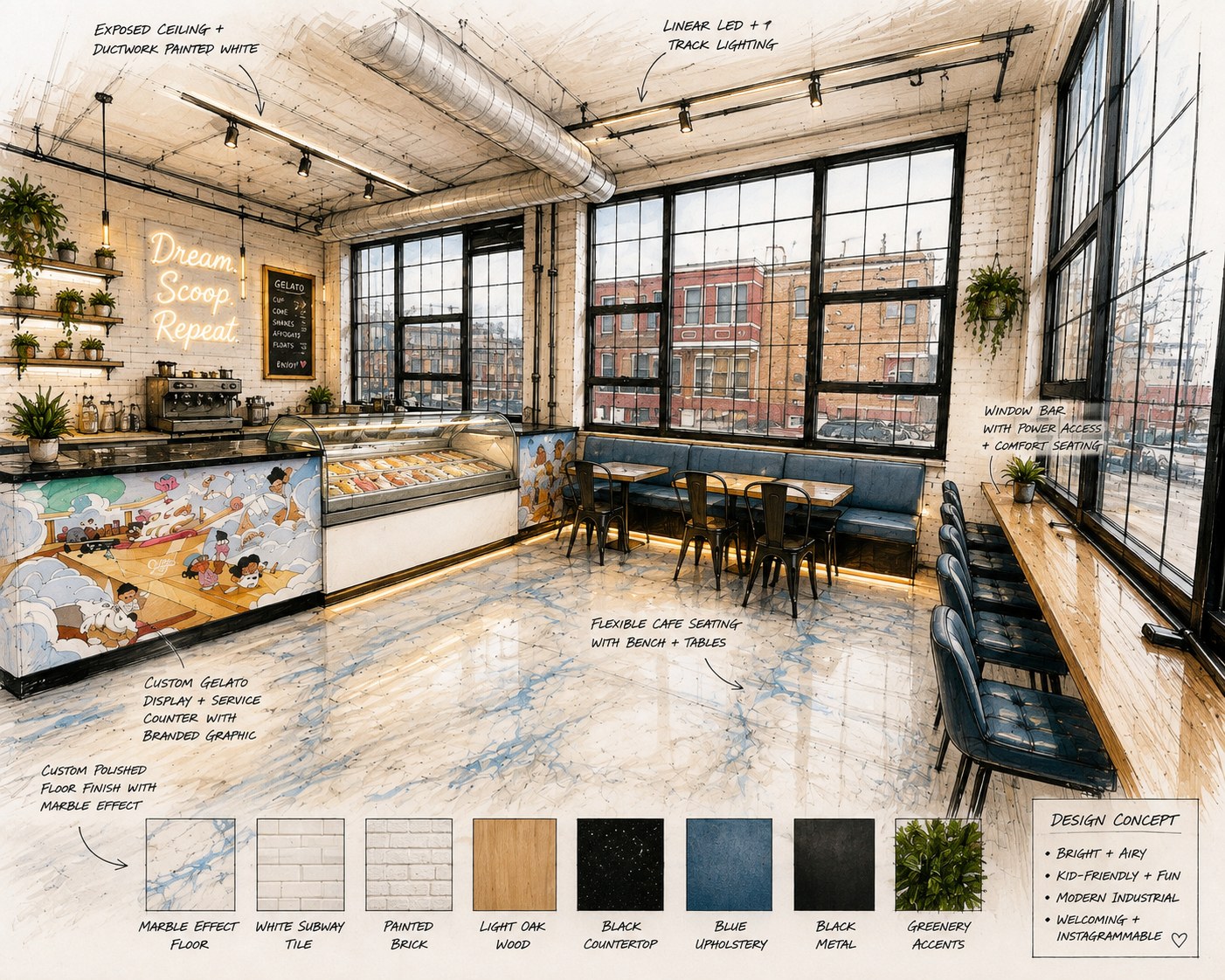 Gelato store architectural concept sketch